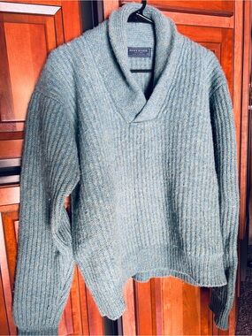 Vintage 80s 100% Wool Ribbed Shawl Collar Sweater Blue Marled XL